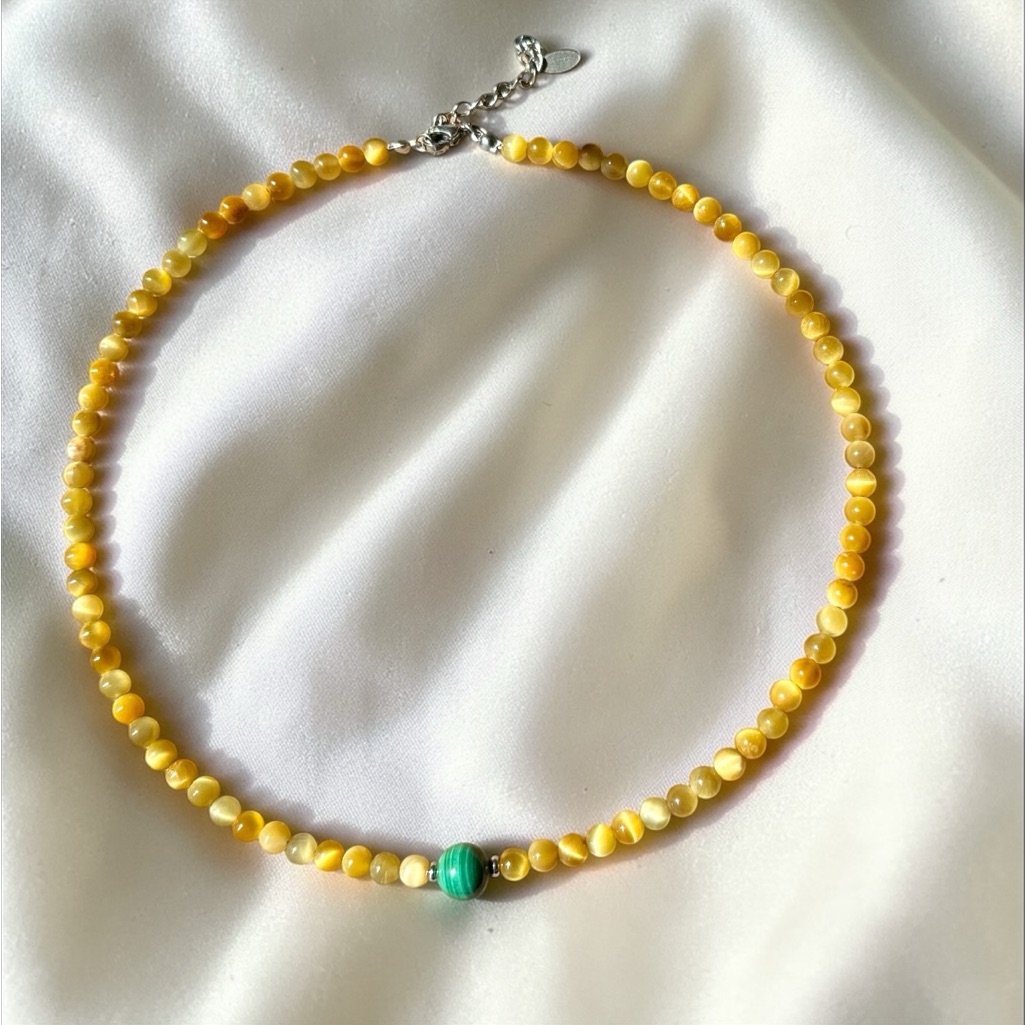 Golden Tiger Eye Green Malachite Stainless Steel Crystal Necklace Silver Yellow